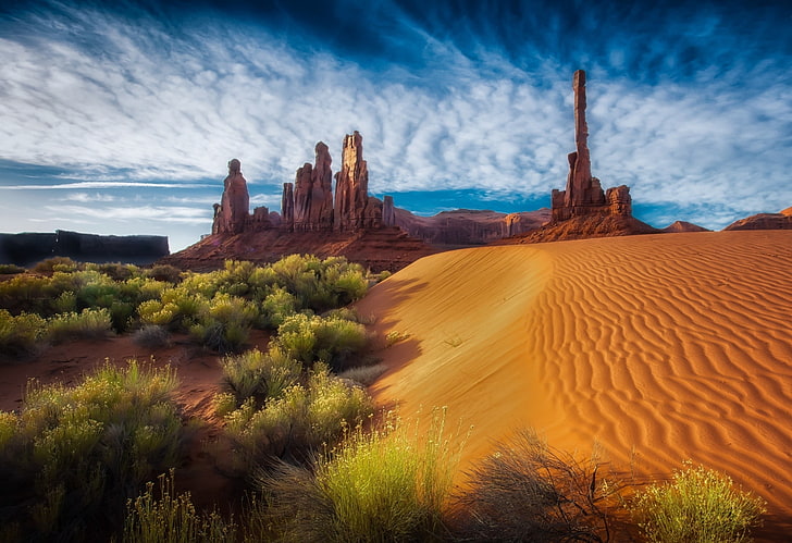 brown sand desert, dune, Arizona, shrubs, rock, clouds, erosion, nature, landscape, Monument Valley, desert, sand, HD wallpaper