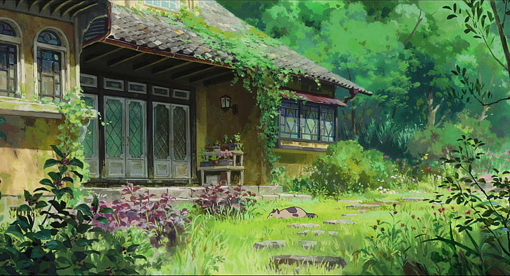 green grass field, anime, Studio Ghibli, Karigurashi no Arrietty, house, HD wallpaper