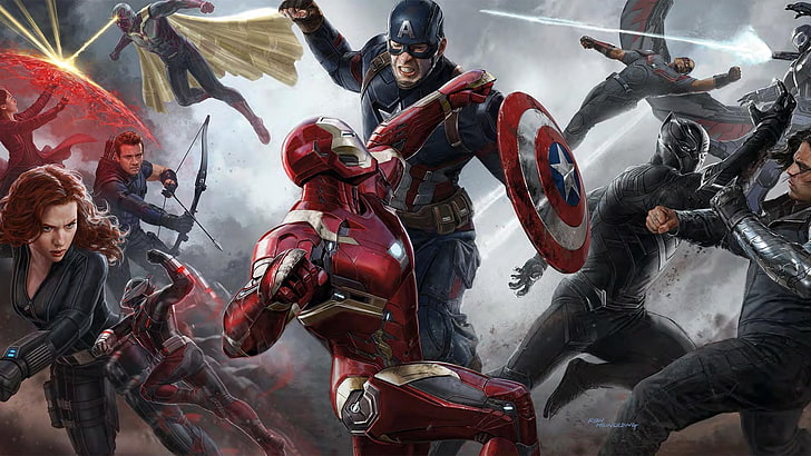Captain America: Civil War digital wallpaper, Marvel Comics, Captain America, Iron Man, Black Widow, Ant-Man, Hawkeye, Black Panther, action figures, HD wallpaper