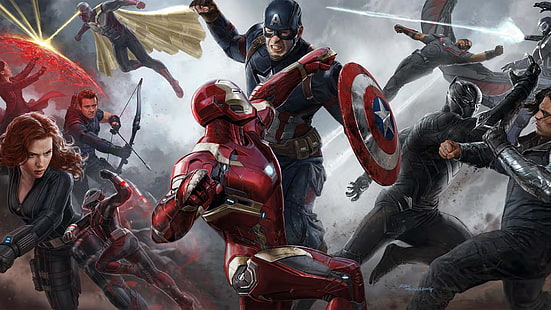 Fondo de pantalla digital de Captain America: Civil War, Marvel Comics, Capitán América, Iron Man, Black Widow, Ant-Man, Hawkeye, Black Panther, figuras de acción, Fondo de pantalla HD HD wallpaper