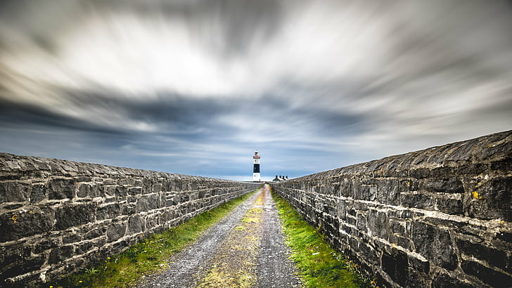 timelapse photography of pathway in between concrete walls and lighthouse range view, ireland, ireland, Inisheer, lighthouse, Aran islands, Ireland, Travel photography, timelapse photography, pathway, in between, concrete, walls, range, view, a7, aran, clouds, europe, full frame, geotagged, ireland  island, islands, landscape, long exposure, motion, path, photo, photography, sky, sony a7, fe, travel, ultra, Galway, IE, sea, HD wallpaper
