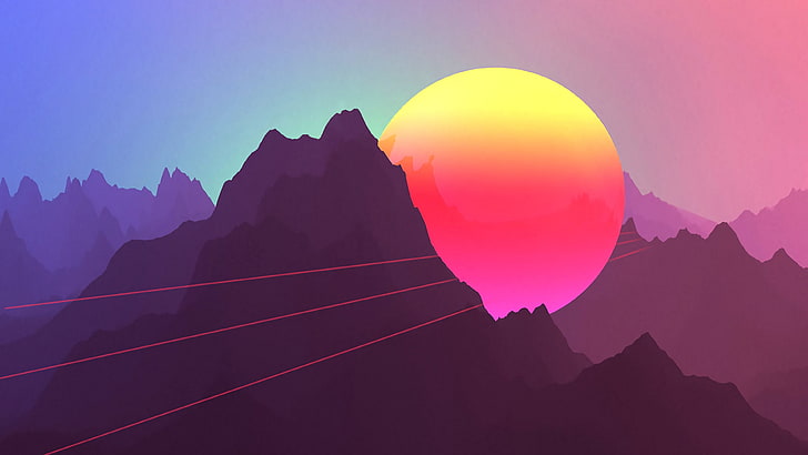 montagne sous la lune illustration, néon, coucher de soleil, montagnes, style rétro, Fond d'écran HD