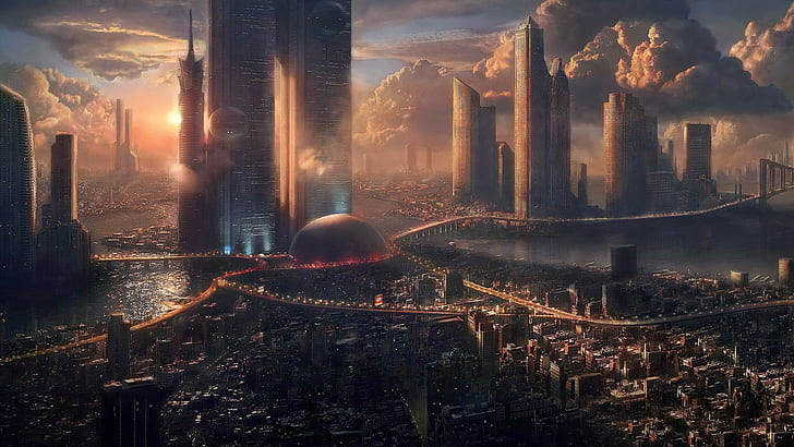 futuristic city, city, futuristic, digital art, HD wallpaper