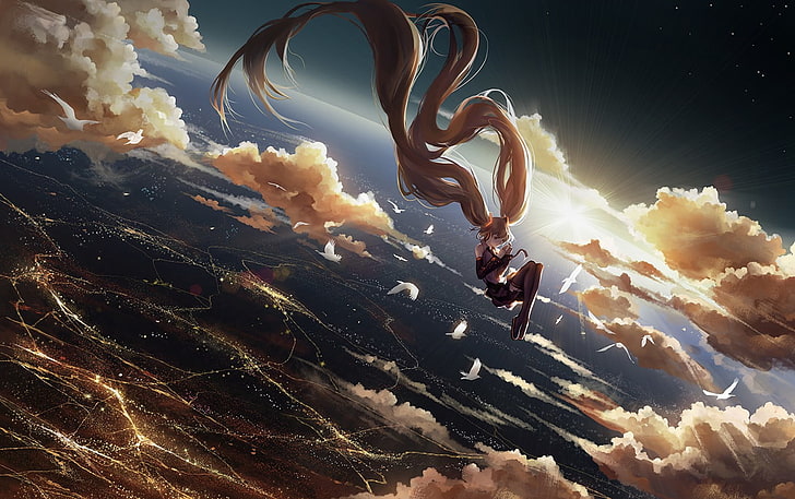 Hatsune Miku Wallpaper, Vocaloid, Weltraum, Wolken, Vögel, schwimmend, Anime Girls, Anime, Hatsune Miku, HD-Hintergrundbild