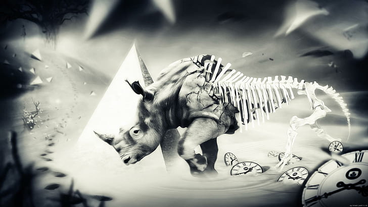 Skeletal rhino running, gray scale photo of rhino turning to skeleton near pyramid, rhino, animal, skelet, graphic, HD wallpaper