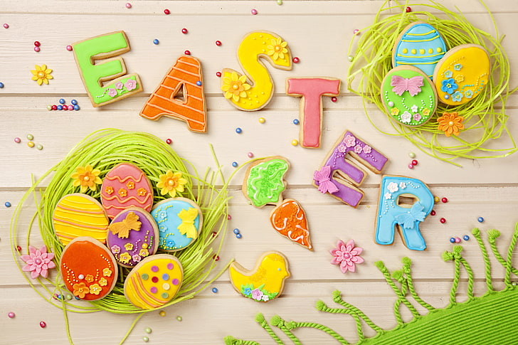 Carta da parati di Pasqua, vacanze, primavera, colorati, biscotti, Pasqua, dolci, smalti, uova, decorazioni, lettere, pastello, Sfondo HD