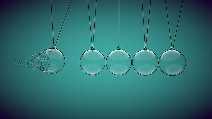 Ilustración de cinco bombillas de vidrio transparente, minimalismo, fondo azul, vidrio, bola, cuerdas, roto, esfera, Isaac Newton, física, turquesa, simple, Fondo de pantalla HD