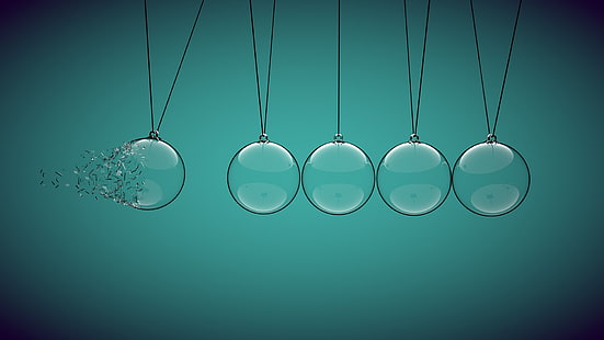 Ilustración de cinco bombillas de vidrio transparente, minimalismo, fondo azul, vidrio, bola, cuerdas, roto, esfera, Isaac Newton, física, turquesa, simple, Fondo de pantalla HD HD wallpaper