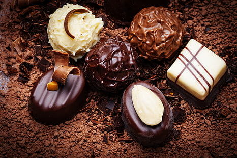 шоколадные трюфели, еда, шоколад, конфеты, сладости, десерт, сладкое, какао, HD обои HD wallpaper