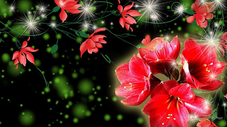 Dark Bright, red green and black floral illustration, stars, black, sparkle, flowers, spring, vines, summer, glow, green glow, 3d and abstract, HD wallpaper