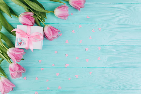 Liebe, Blumen, Geschenk, Herzen, Tulpen, Rosa, frisch, Holz, schön, romantisch, Frühling, mit Liebe, zart, HD-Hintergrundbild HD wallpaper