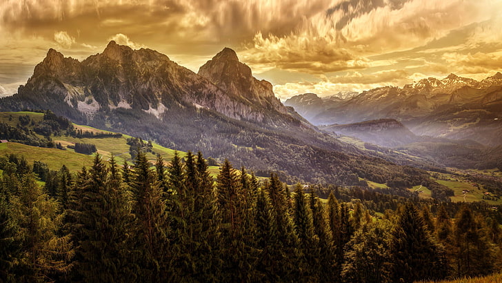 Suiza, fotografía de paisaje, fotografía de naturaleza, pino, paisaje, colina, árbol, UE, pico, Europa, nube, Kleiner Mythen, tierras altas, cordillera, desierto, montaña, cielo, Fondo de pantalla HD