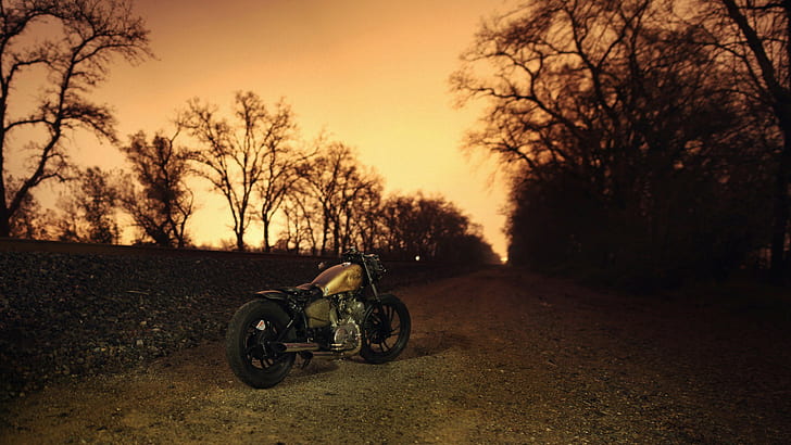 Bobber, motocykl, zachód słońca, drzewa, bobber, motocykl, zachód słońca, drzewa, Tapety HD