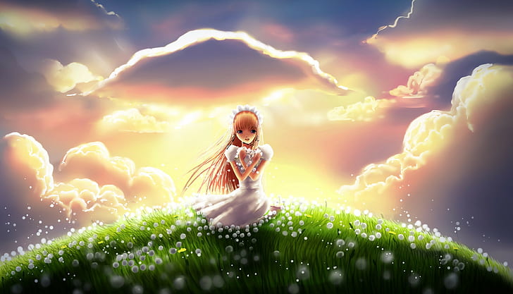 Kunst, Wiese, Mädchen, weibliches Anime-Charakterfoto, Kunst, Wiese, Hügel, Gras, Mädchen, Blumen, Löwenzahn, Wolken, Freude, HD-Hintergrundbild