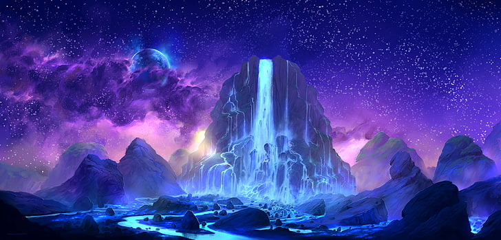 ilustracja góry i wodospadu, sztuka cyfrowa, sztuka fantasy, kolorowa, sztuka kosmiczna, niebo, błękitny, różowy, dzieło sztuki, Tapety HD