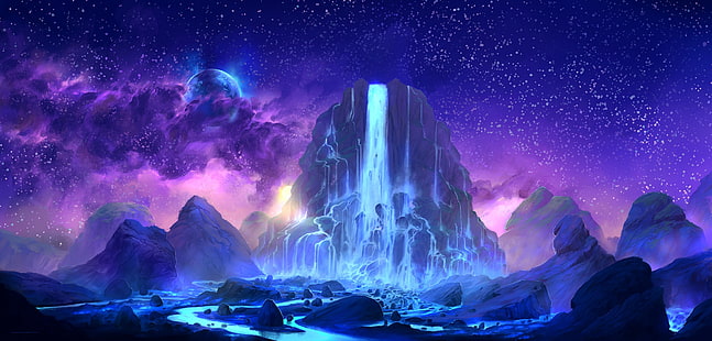 Ilustración de montaña y cascada, arte digital, arte de fantasía, colorido, arte espacial, cielo, cian, rosa, ilustraciones, Fondo de pantalla HD HD wallpaper