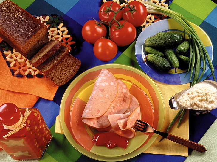 berbagai sayuran, daging, sayuran, hidangan, roti, Wallpaper HD