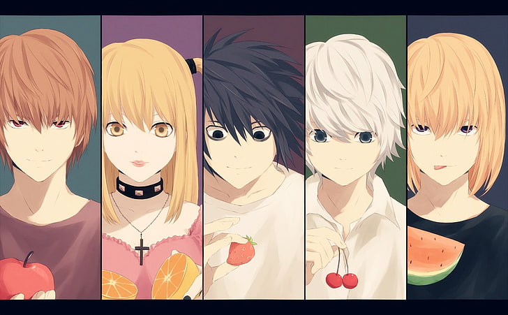 üç erkek ve iki kadın anime karakter çizimi, Death Note, Yagami Light, Lawliet L, Amane Misa, Mello (Death Note), Near (Death Note), anime, HD masaüstü duvar kağıdı