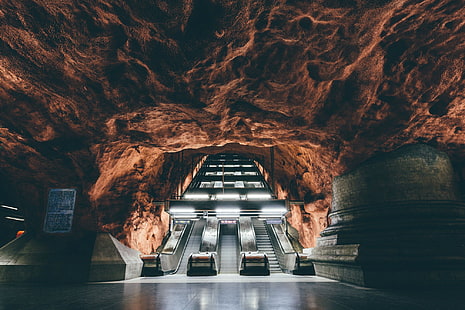 batu, kereta bawah tanah, Stockholm, Swedia, eskalator, pembentukan batu, bawah tanah, Wallpaper HD HD wallpaper
