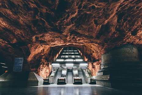 souterrain, métro, escalator, formation rocheuse, Suède, rock, Stockholm, Fond d'écran HD HD wallpaper