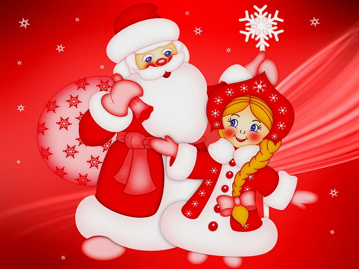 Santa and his girlfriend, mr and mrs claus photo, new-year, lovely, snowflakes, gifts, christmas, nice, background, beautiful, smiling, sanra, snowfall, girl, HD wallpaper