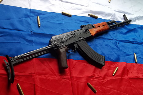 черно-коричневый АК-47, автомат Калашникова, триколор, флаг России, HD обои HD wallpaper