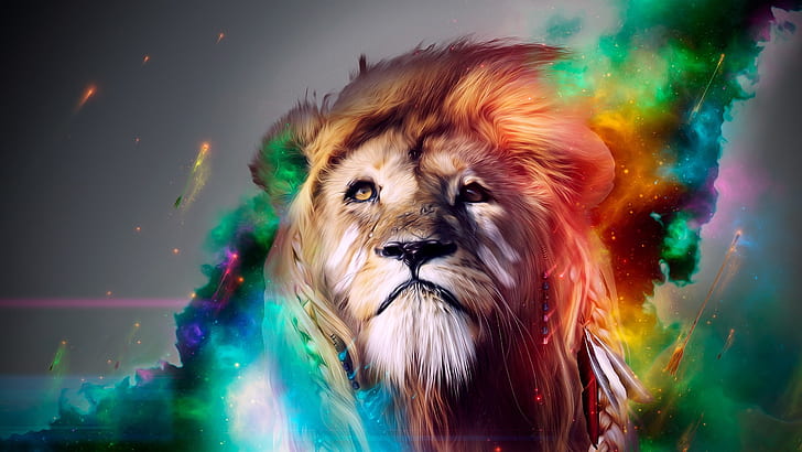 ライオン、大きな猫、顔、煙、色付き、 HDデスクトップの壁紙