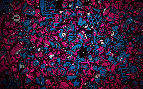 wallpaper digital Nerds pink dan biru, seni digital, berwarna-warni, Wallpaper HD HD wallpaper