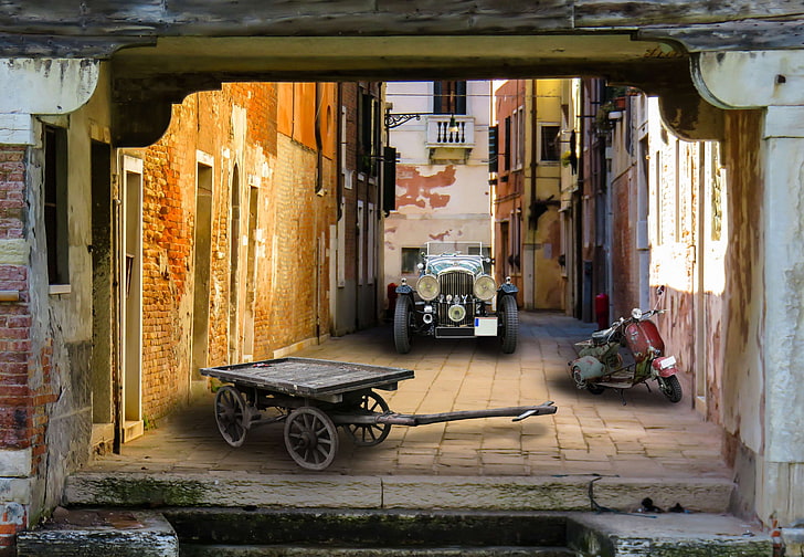 alley, architecture, auto, automotive, building, cart, exit, historically, home, input, italy, mature, mood, moped, nostalgia, old, old car, old town, oldtimer, parking, road, street scene, vehicles, vintage car automo, HD wallpaper