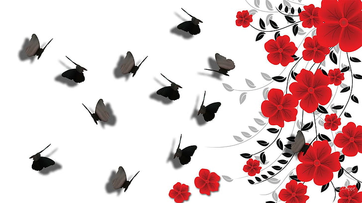 Червени цветя сенчести пеперуди, червени цветя, черно, листа, бяло, пролет, колаж, лято, сенки, пеперуди, природа и земи, HD тапет
