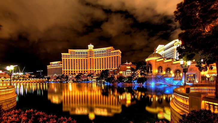 Las Vegas, luxo, resort, cassino, construção, noite, vida noturna, refletida, reflexão, água, cidade, HD papel de parede
