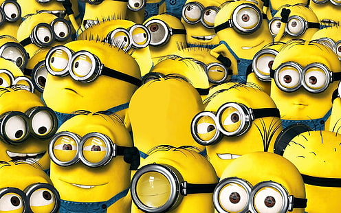Minions digital wallpaper, animation, yellow, smile, cartoon, suit, Cyclops, Minions, Despicable Me, uniform, staff, Minion, teeth, Universal Pictures, goggles, Illumination Entertainment, employees, Despicablem Me 2, HD wallpaper HD wallpaper