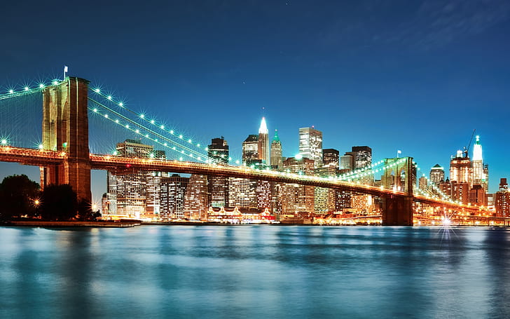 ブルックリンブリッジ、ニューヨーク、都市、夜景、ブルックリン、ブリッジ、ニューヨーク、都市、夜、照明、 HDデスクトップの壁紙