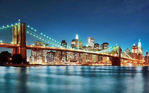Brooklyn Bridge, Nowy Jork, miasto, lampki nocne, Brooklyn, most, Nowy, Jork, miasto, noc, światła, Tapety HD HD wallpaper
