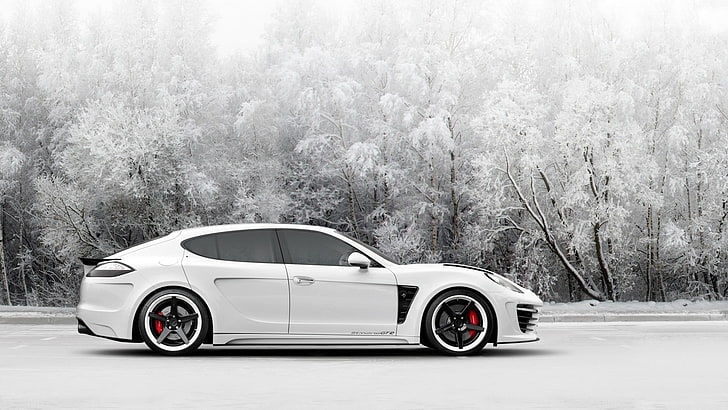 white coupe, Porsche Panamera, salju, mobil, Porsche, mobil putih, Wallpaper HD