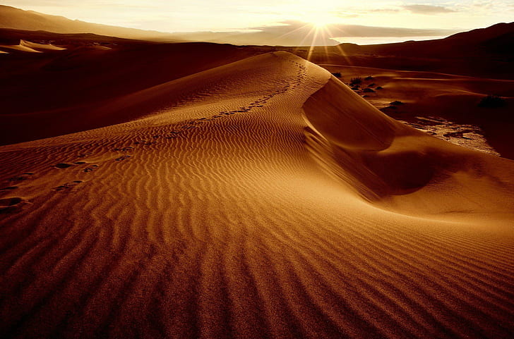 Desert Sand Dunes Sun Sky Landscape luas, gurun saat matahari terbenam, padang pasir, gurun, bukit pasir, lanskap, pasir, luas, Wallpaper HD