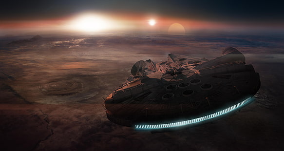 خلفية Star Wars Millennium Falcon ، حرب النجوم ، صقر الألفية ، الصحراء ، غروب الشمس، خلفية HD HD wallpaper