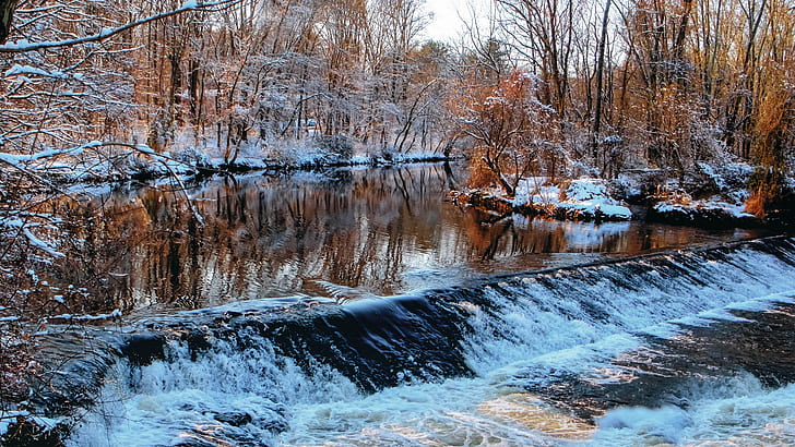 musim dingin, hutan, sungai, aliran, ambang batas, Wallpaper HD