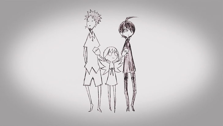 boceto en tres personas, Serie Monogatari, Oshino Meme, Araragi Koyomi, Oshino Shinobu, Fondo de pantalla HD