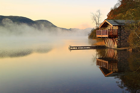 cabin house at lakeside with fog and mountain hills during sunset, Early Morning, Morning Light, cabin house, lakeside, fog, mountain, hills, sunset  Lake, Lake District, Cumbria, English lakes, water, Dawn, mist, autumn, colour, boathouse, reflection, reflections, sky, trees, nature, lake, landscape, outdoors, tranquil Scene, scenics, river, HD wallpaper HD wallpaper