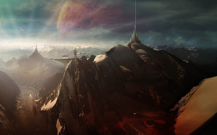 grey and white castle, science fiction, planet, fantasy art, mountains, futuristic, HD wallpaper