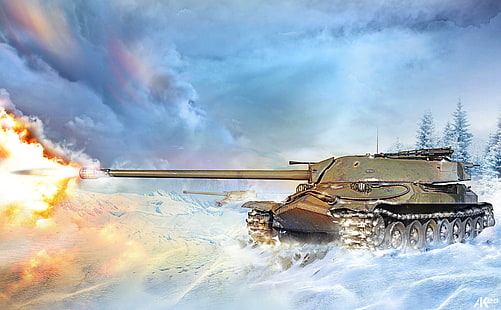 szary metalowy czołg bojowy, zima, śnieg, ogień, płomień, postać, strzał, sztuka, czołg, pole bitwy, ciężki, IS-7, radziecki, World of Tanks, Tapety HD HD wallpaper