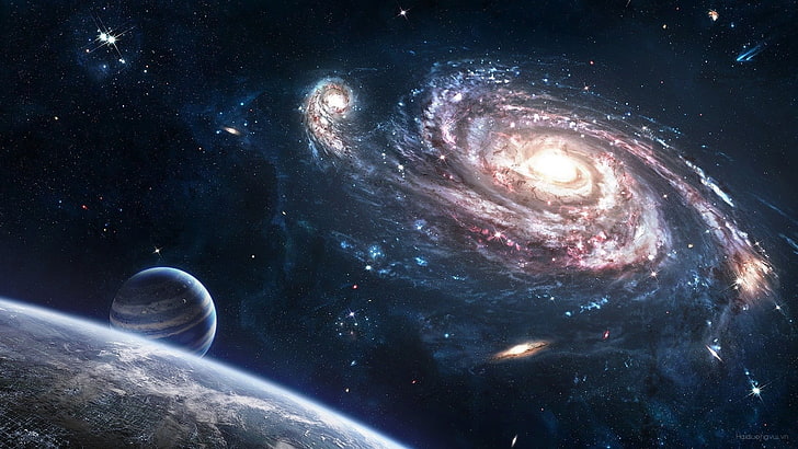 Ilustrasi Whirlpool Galaxy, seni ruang angkasa, galaksi spiral, planet, bintang, galaksi, ruang, seni digital, Wallpaper HD