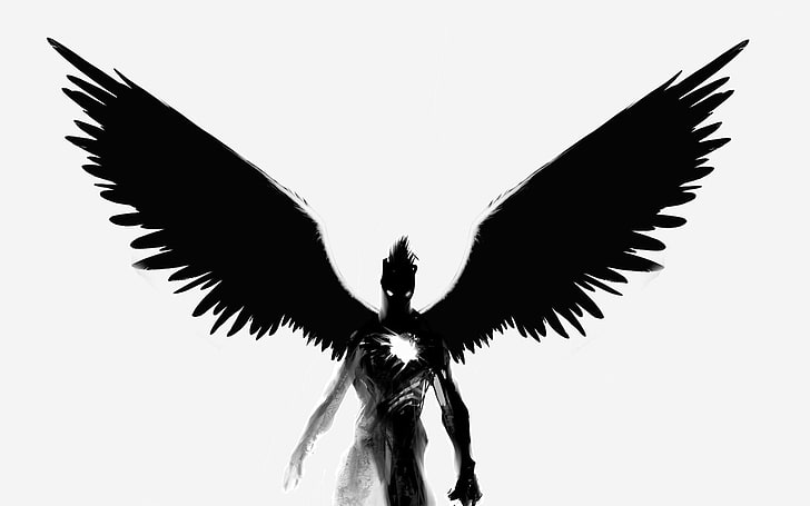 black and white angelic illustration, black, heart, wings, the demon, soul, HD wallpaper