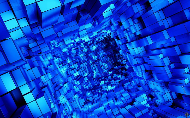 3D, square, tunnel, light blue, HD wallpaper