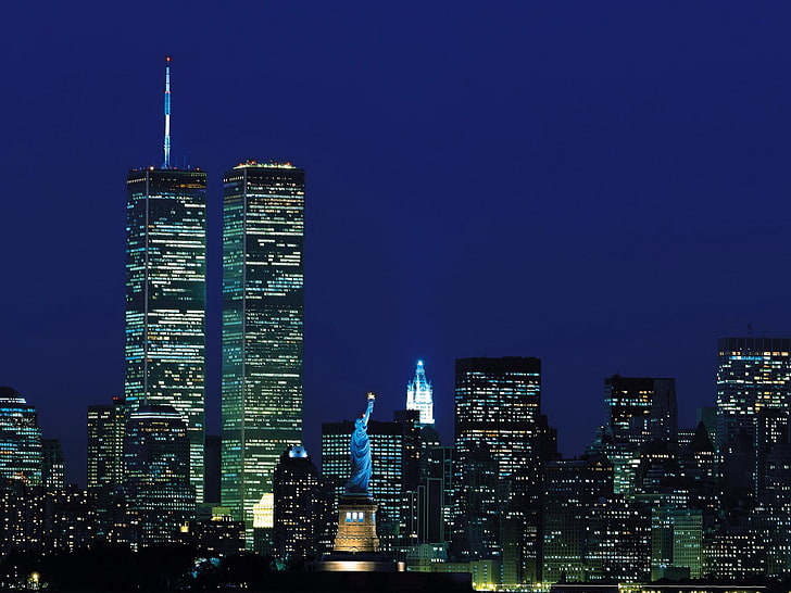 Statua della libertà, New York, grattacieli, New York, WTC, World Trade Center, Sfondo HD