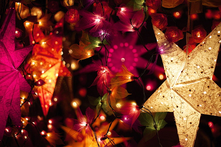 assorted-color star lantern lot and string lights, winter, decoration, lights, star, New Year, Christmas, the scenery, garland, colorful, holidays, gold, HD wallpaper