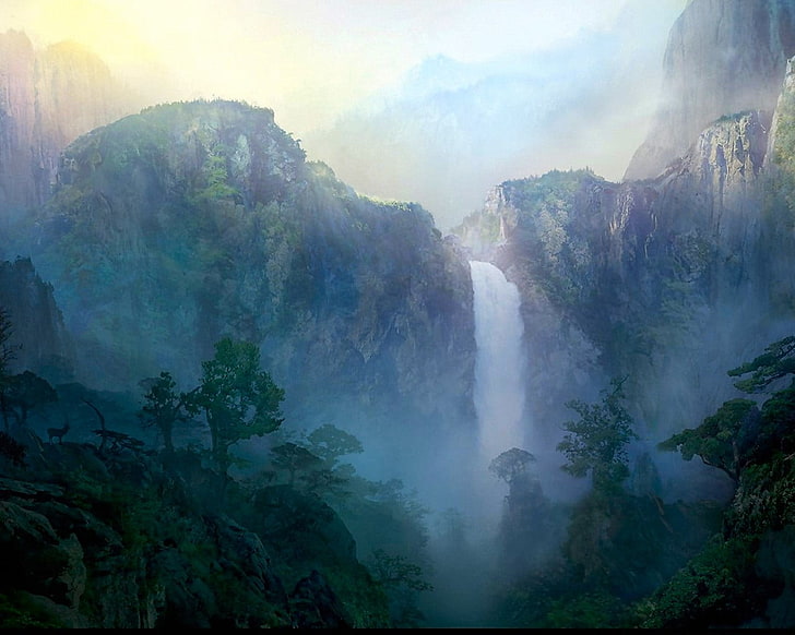 air terjun dan ilustrasi pohon berdaun hijau, gunung, gambar, Air Terjun, Wallpaper HD