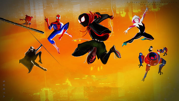 Movie, Spider-Man: Into The Spider-Verse, Gwen Stacy, Marvel Comics, Miles Morales, Peni Parker, Spider-Ham, Spider-Man, Spider-Man Noir, HD wallpaper