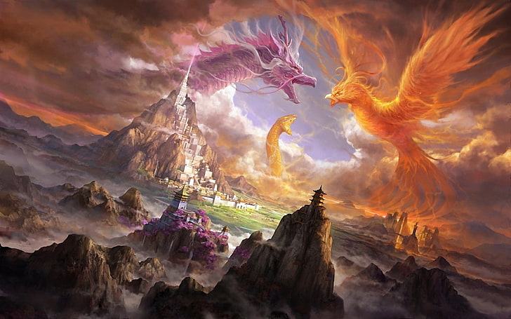 arte fantasia, fênix, dragão, HD papel de parede